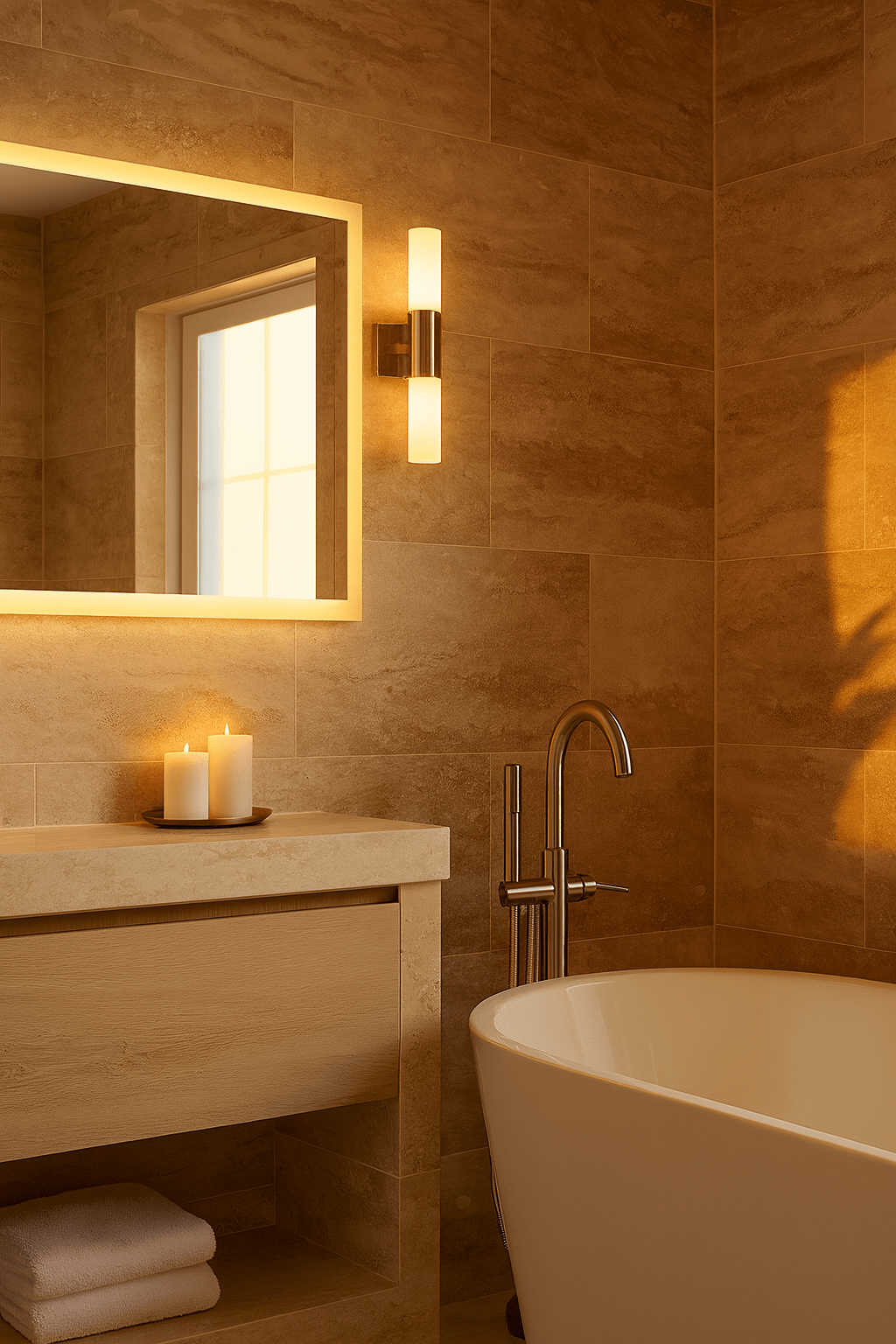 Satin chrome indoor wall light mounted beside a bathroom mirror, illuminating a serene space with candles and a bathtub.