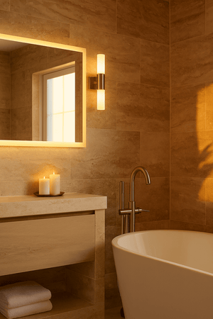 Satin chrome indoor wall light mounted beside a bathroom mirror, illuminating a serene space with candles and a bathtub.