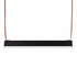 Black rectangular pendant light with brown cable on a white background