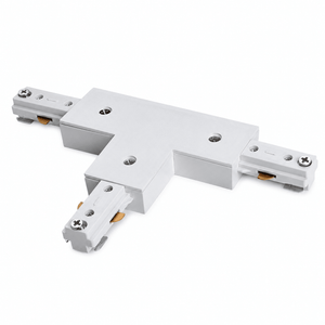 White 3 wire T-connector for track lighting with a modern finish, designed for flexible branching connections.