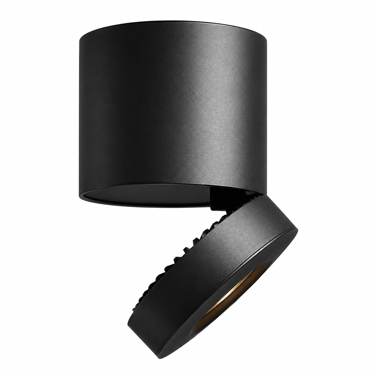 Black surface-mount LED downlight with adjustable head for focused lighting.