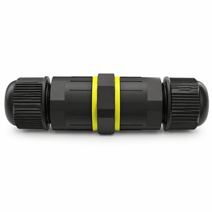 Outdoor 3 Pole Cable Connector with IP68 waterproof rating, featuring a robust black design and yellow accent.