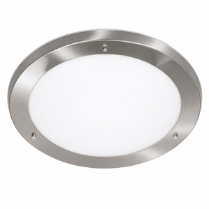 Ceiling light fixture with silver metal frame and white glass on a white background