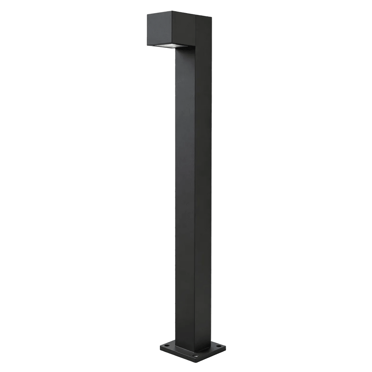 A tall, rectangular black LED bollard with a square top and a flat base.