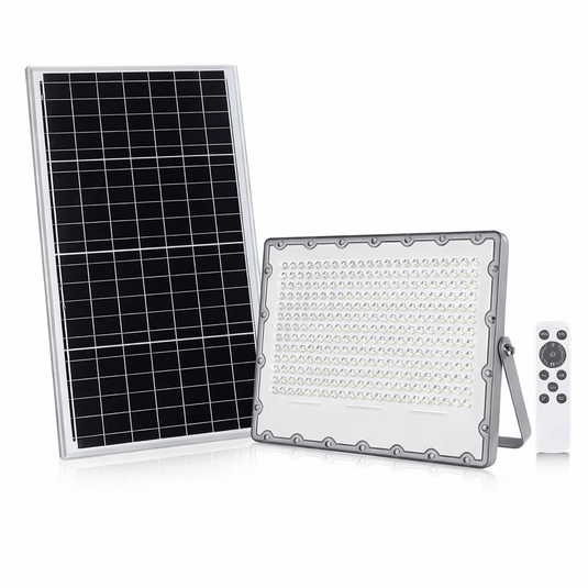 Solar panel and LED light fixture with remote on a white background