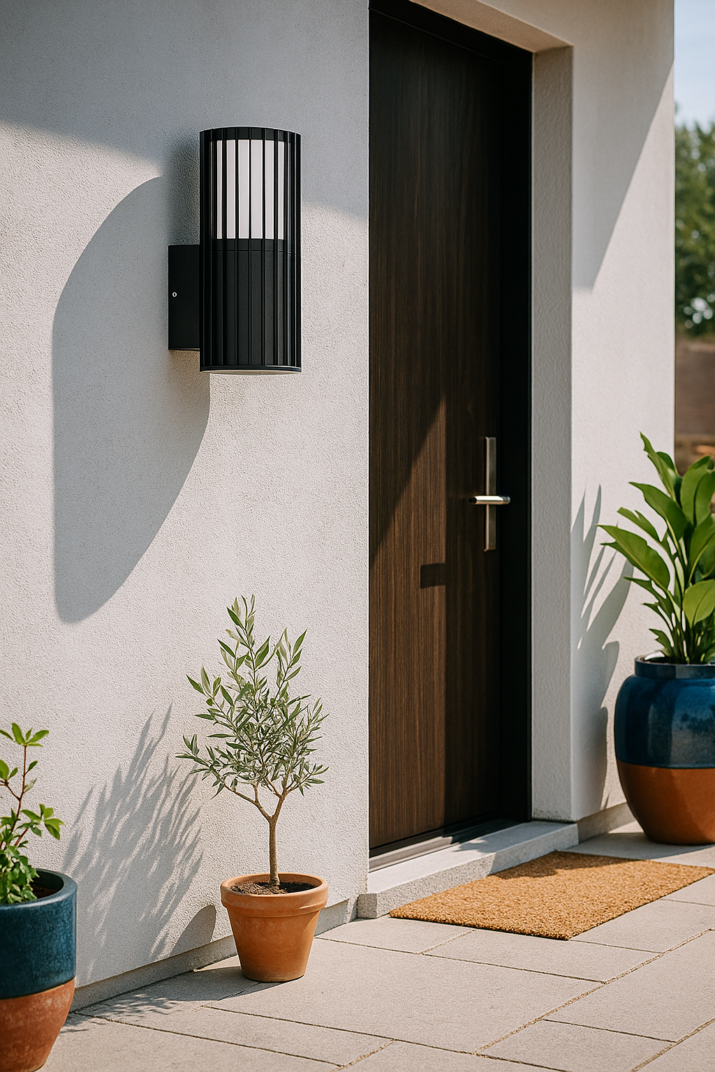 Modern outdoor wall light fixture on a house exterior with plants and a door.