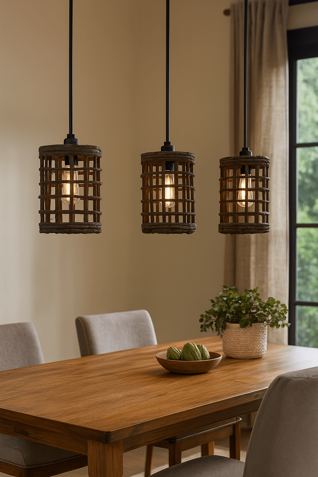 Dining room with wooden table, chairs, and pendant lights.