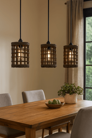Dining room with wooden table, chairs, and pendant lights.