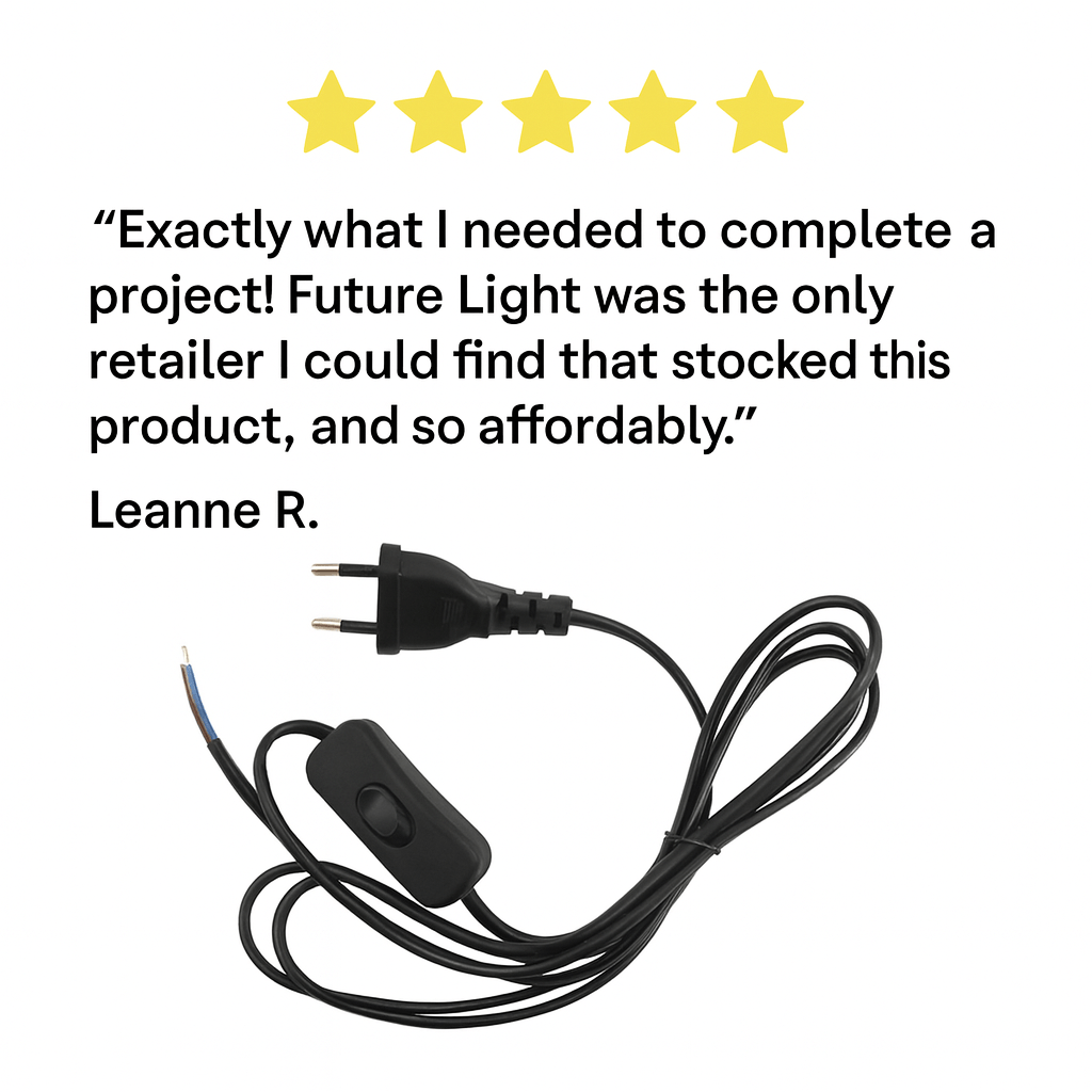 2 Core Cable with Switch & Plug - 1.8m Black Power Cord