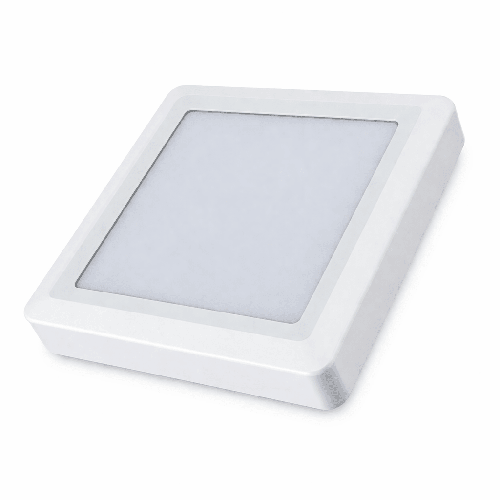 Square white LED panel light on a white background