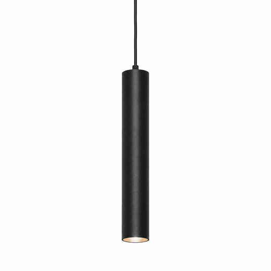Bells Medium Pendant light in black with cylindrical aluminum body and acrylic diffuser, suspended from a ceiling.