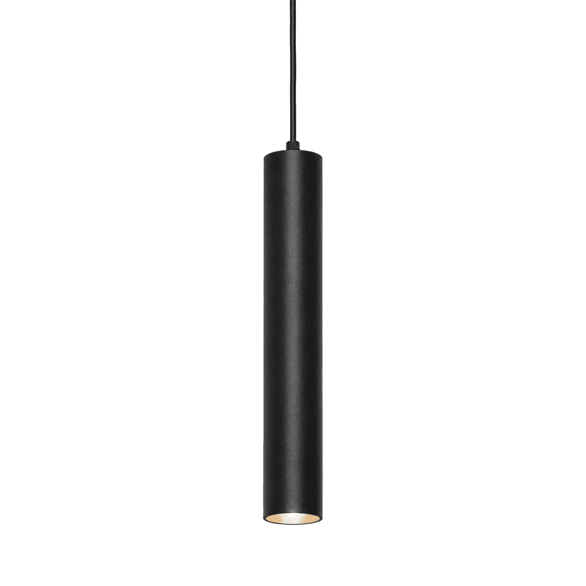 A cylindrical black pendant light hangs from a thin black cord, featuring a warm light source at the bottom.