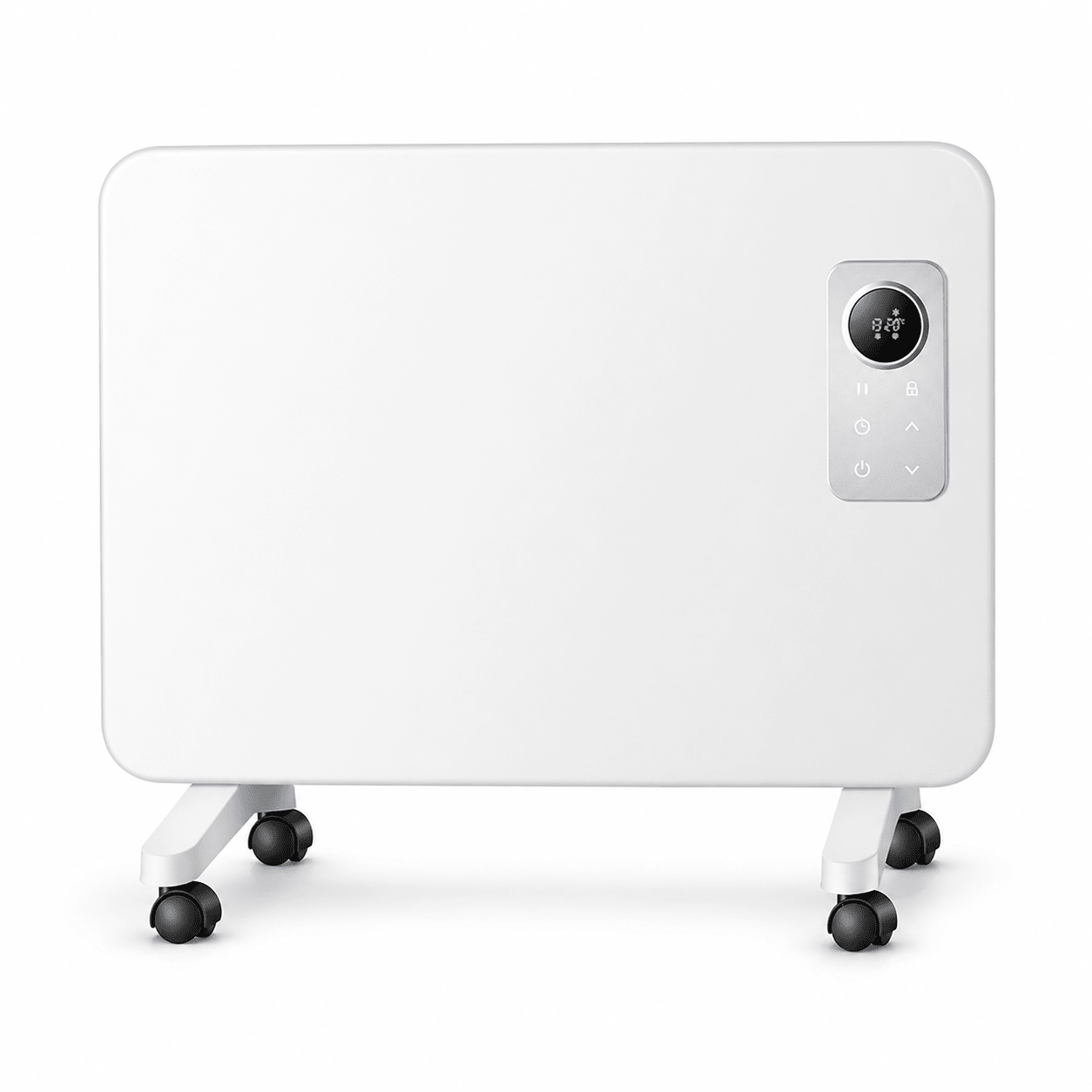 White electric heater with digital display on a white background
