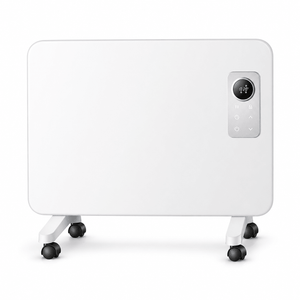 White electric heater with digital display on a white background