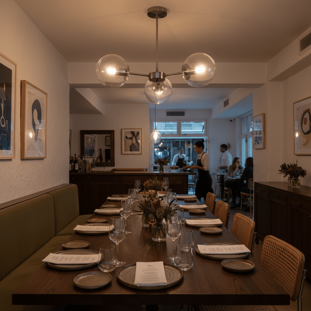 Three-light satin chrome pendant with clear glass globes hanging above a set dining table