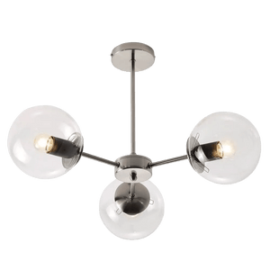 Three-light satin chrome pendant featuring clear glass globes and visible bulbs