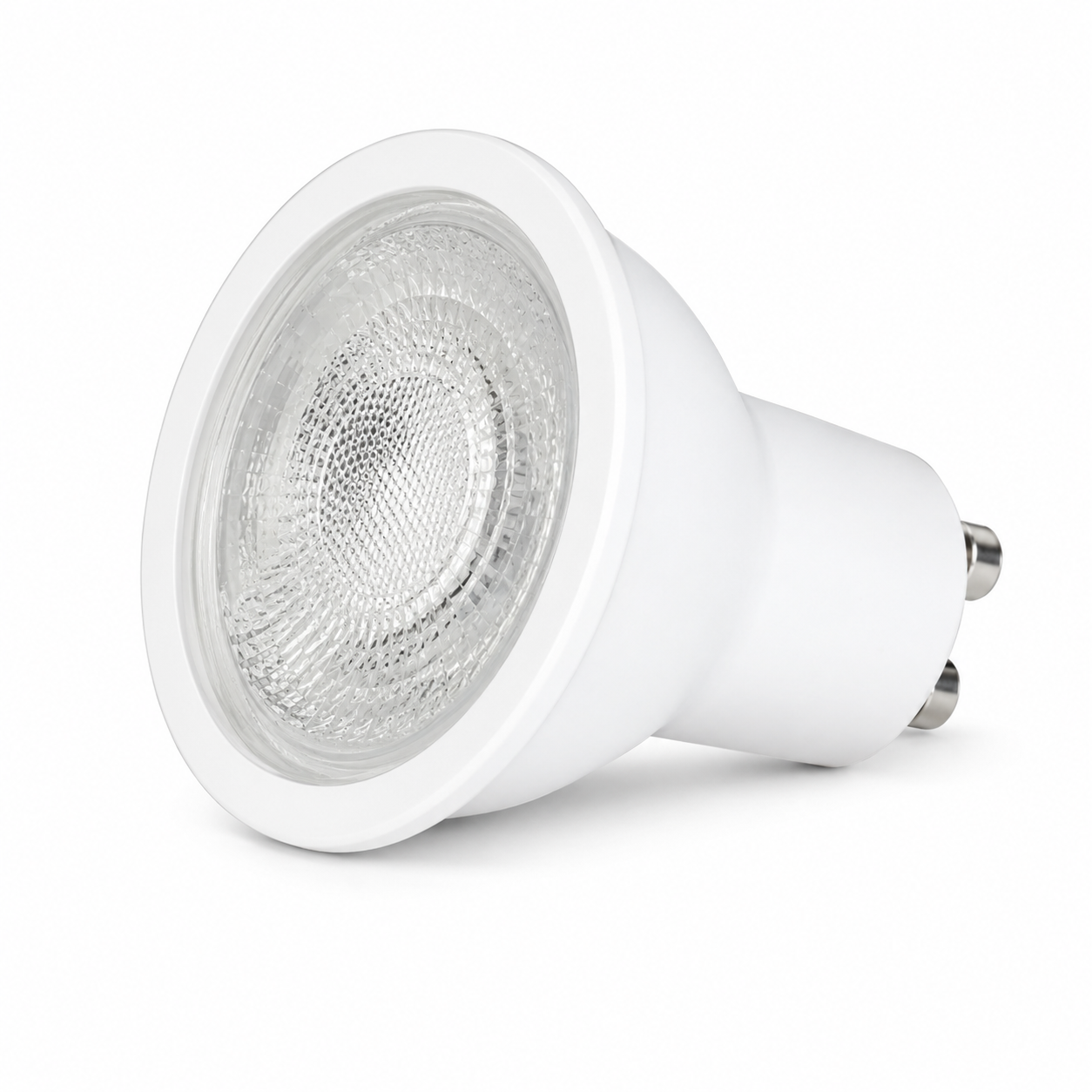 Close-up of a ULTRA 8W GU10 LED downlight lamp with a white finish and clear lens.