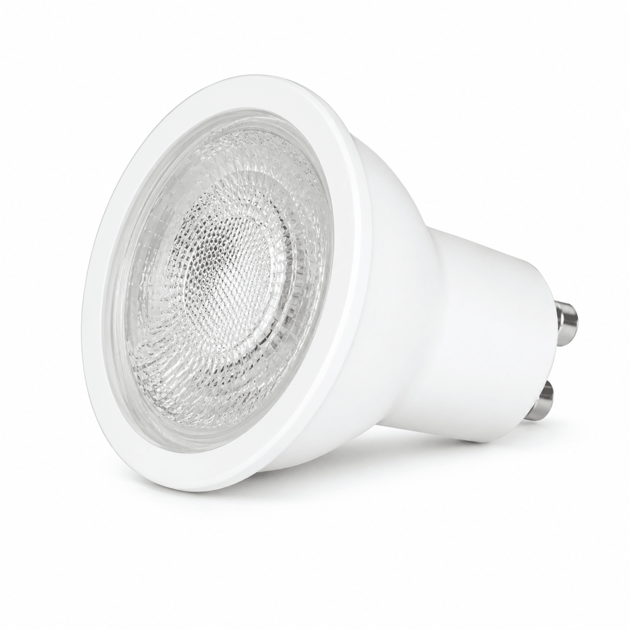 Close-up of a ULTRA 8W GU10 LED downlight lamp with a white finish and clear lens.