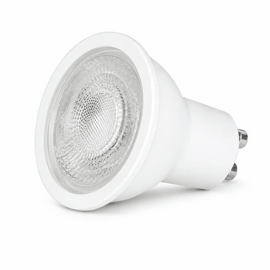Close-up of a ULTRA 8W GU10 LED downlight lamp with a white finish and clear lens.
