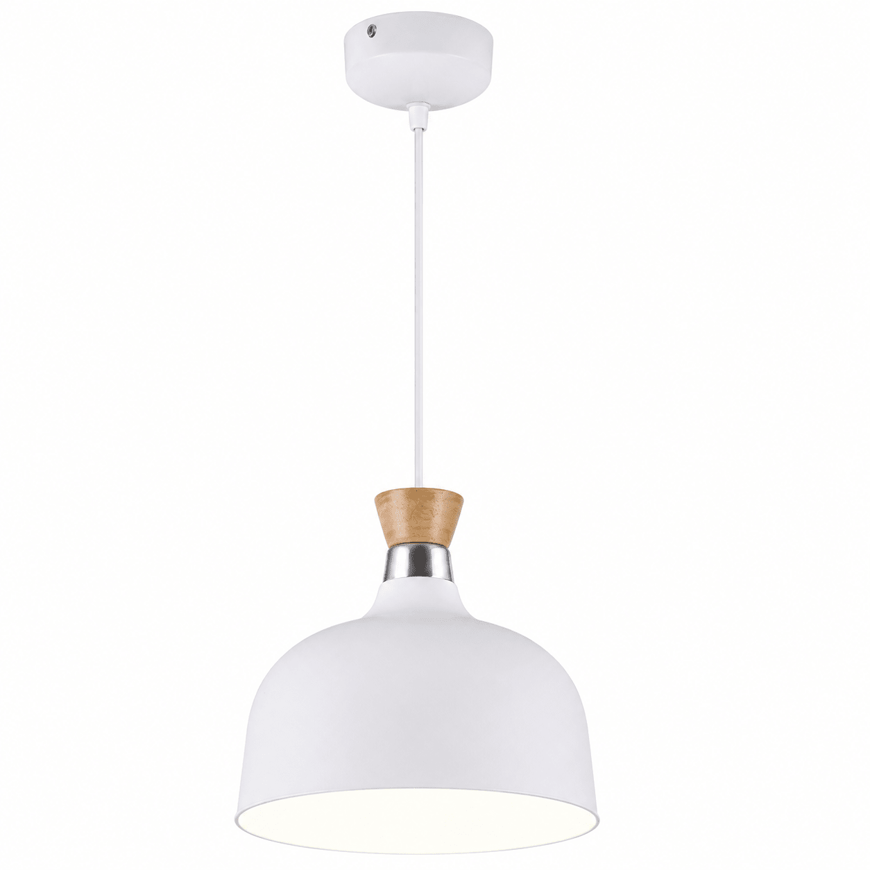 White pendant light with wooden accent on a white background