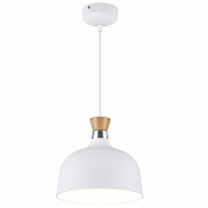White pendant light with wooden accent on a white background