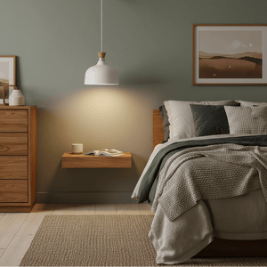 White metal and wood pendant light hanging above a bedside table with a book and cup.