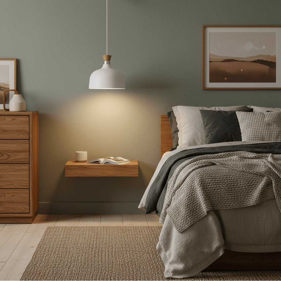 White metal and wood pendant light hanging above a bedside table with a book and cup.
