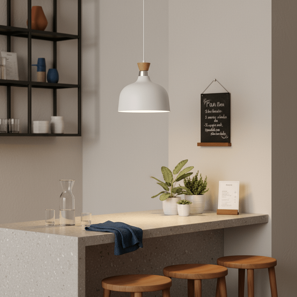 White metal pendant light with wood accent hanging over a kitchen island with plants and glassware.