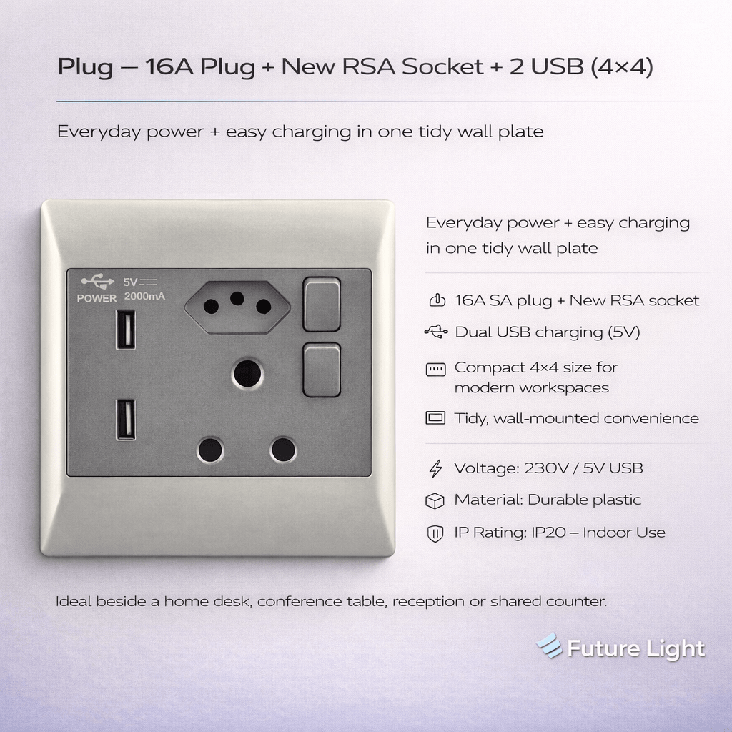 Close-up of a 4x4 wall plate featuring a 16A plug, RSA socket, and dual USB ports on a grey background.
