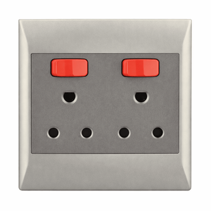 16 Amp double dedicated plug socket with two red switches and grey faceplate.