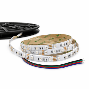 5m roll of RGB LED strip light with SMD 5050 chips and 3M adhesive backing, coiled on a black reel.