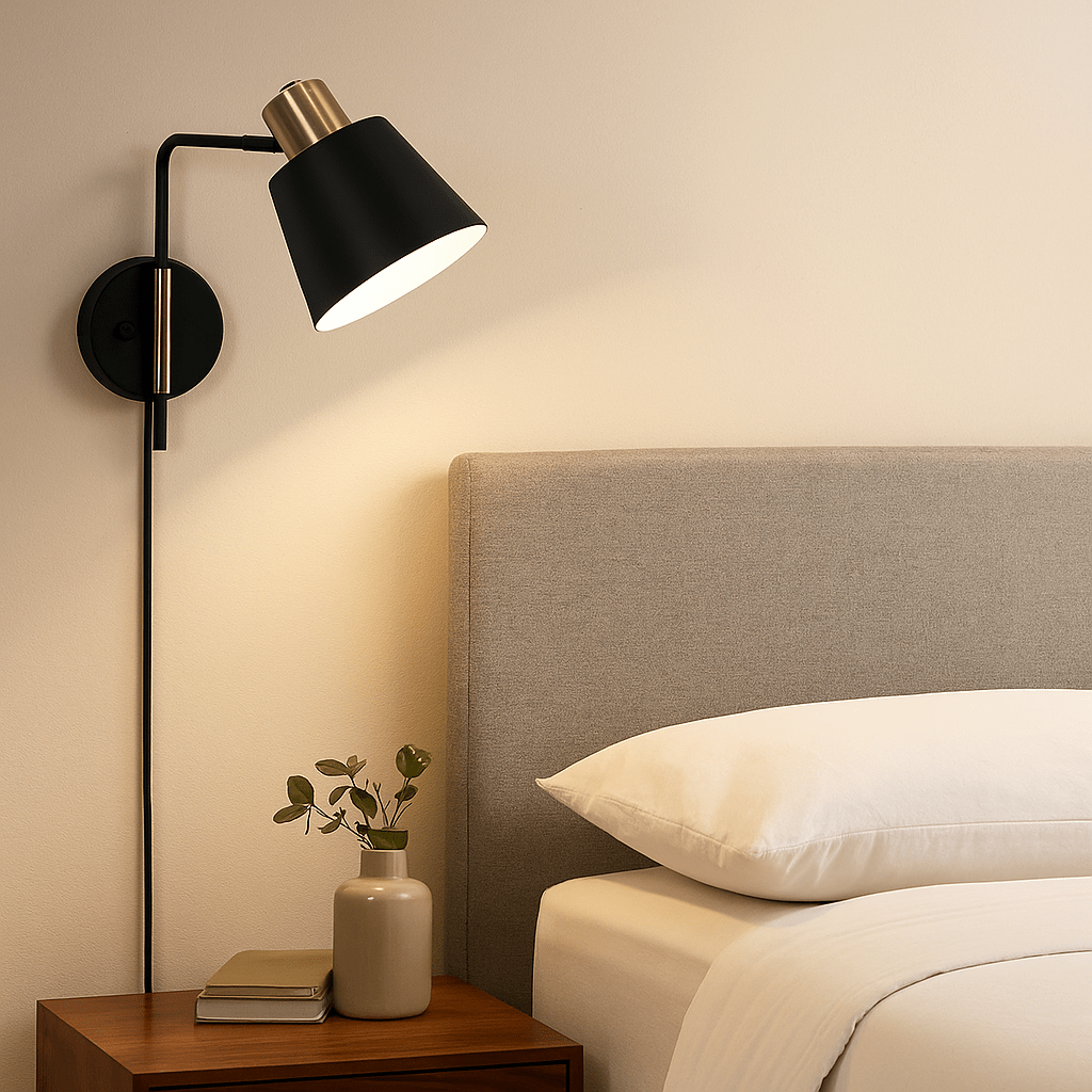 Matt black and brass moveable-arm wall light beside an apartment bed