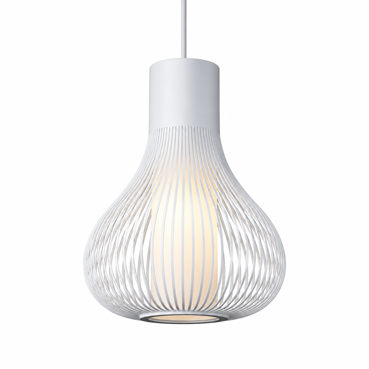Scandinavian-style white pendant light with a sleek, ribbed design and warm glow.