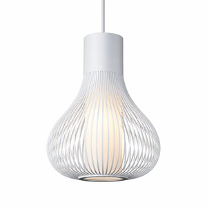 Scandinavian-style white pendant light with a sleek, ribbed design and warm glow.