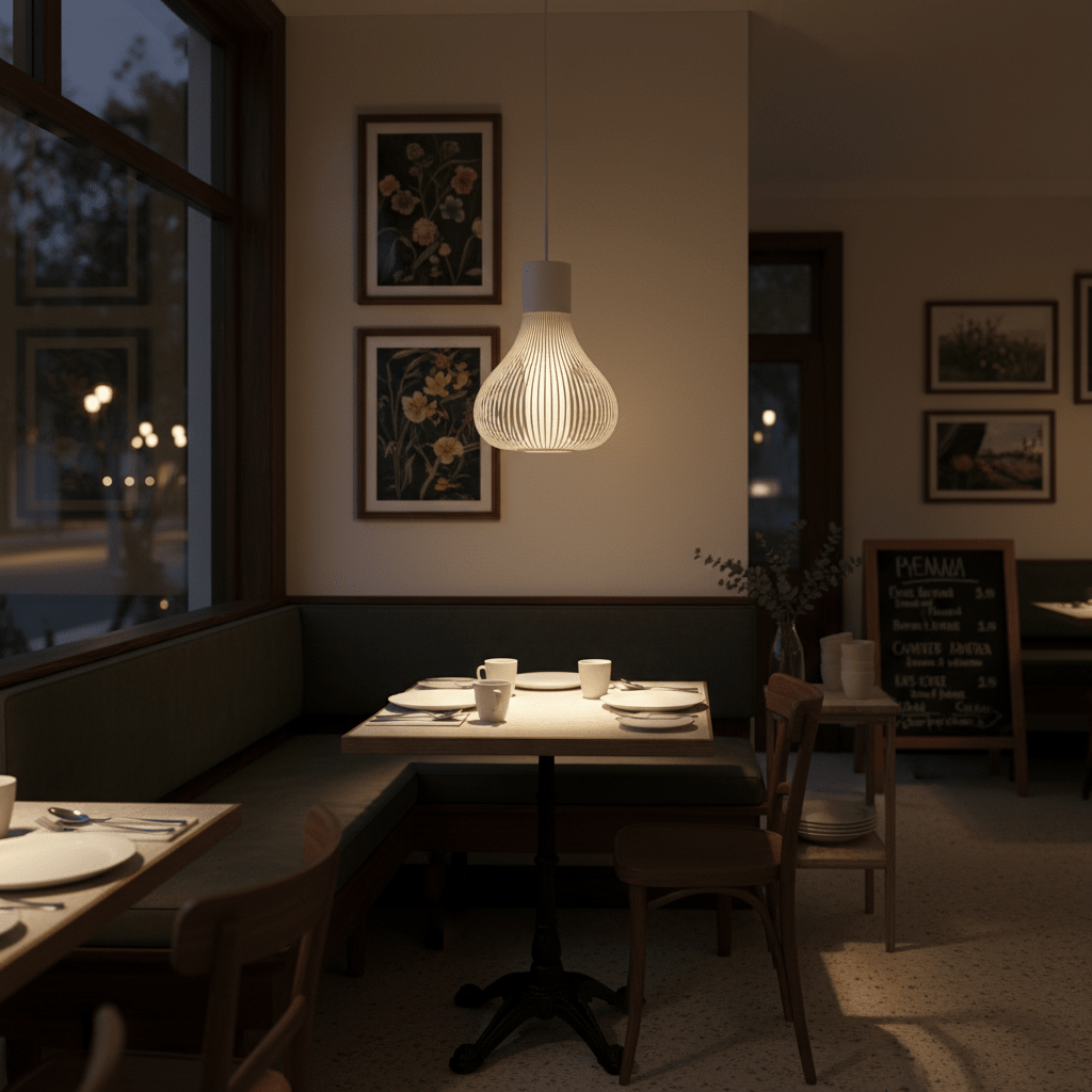 Scandi white pendant light hanging above a dining table in a cozy restaurant setting.