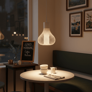 Scandi white pendant light hanging above a small dining table with cups and cutlery, creating a cozy atmosphere.
