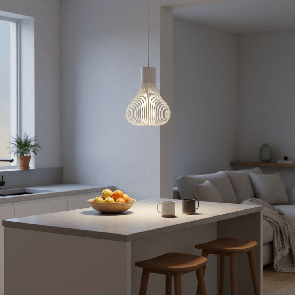 Scandi white pendant light hanging above a kitchen island with a bowl of fruit and two mugs.