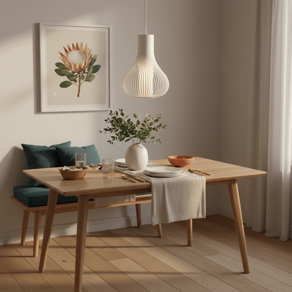 Scandi white pendant light hanging above a wooden dining table set with plates and a vase.