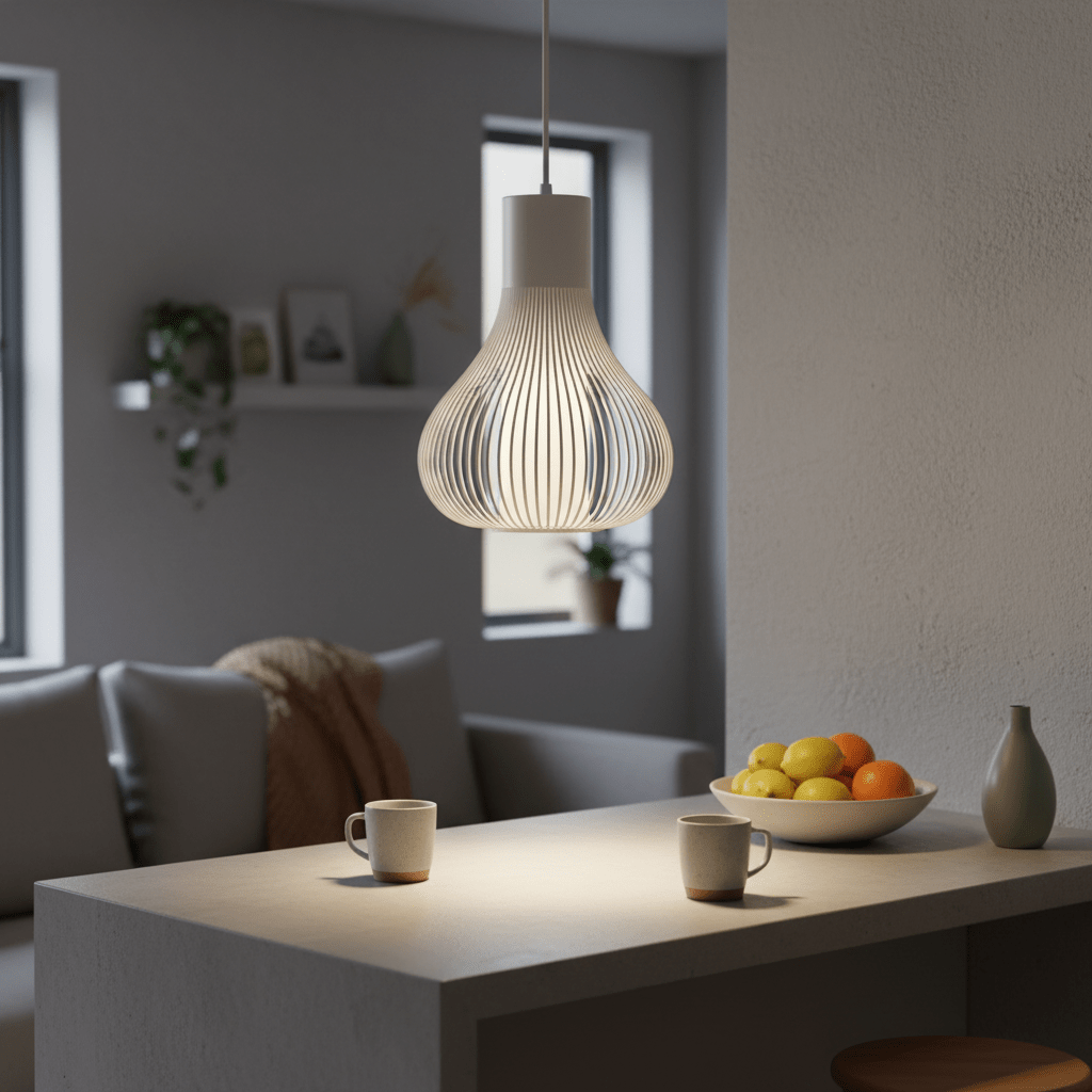 Scandi white pendant light hanging above a minimalist dining table with fruit bowl and coffee mugs.