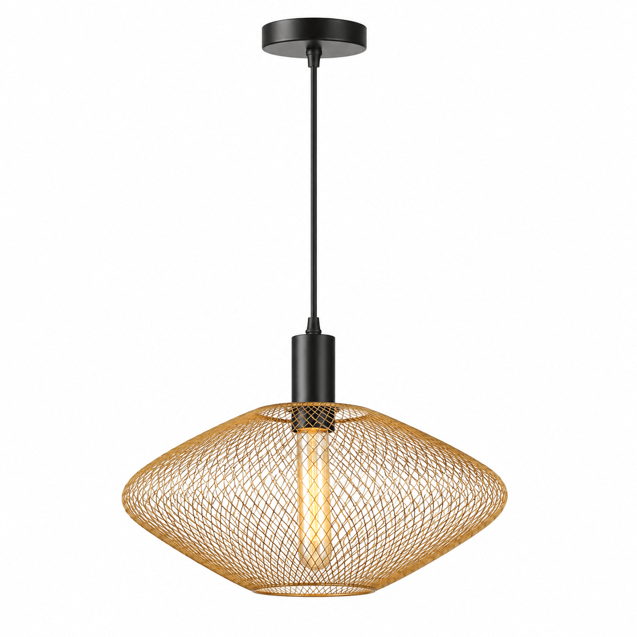 Gold mesh ceiling light with a black mount, showcasing a modern design and warm illumination.