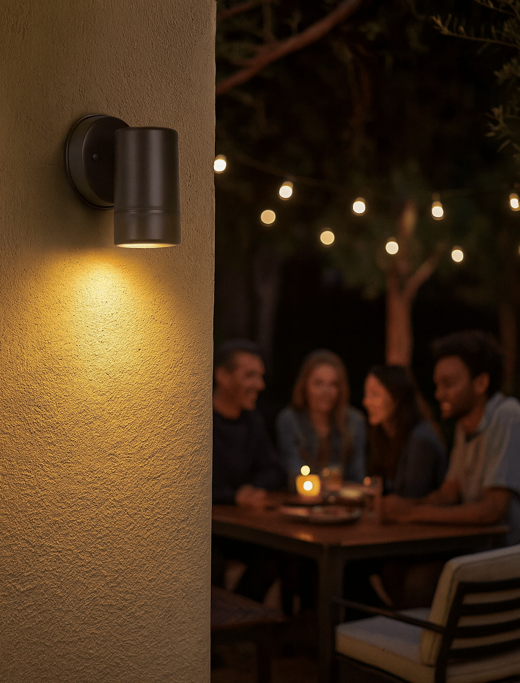 Outdoor wall light fixture on a patio with people sitting around a table.