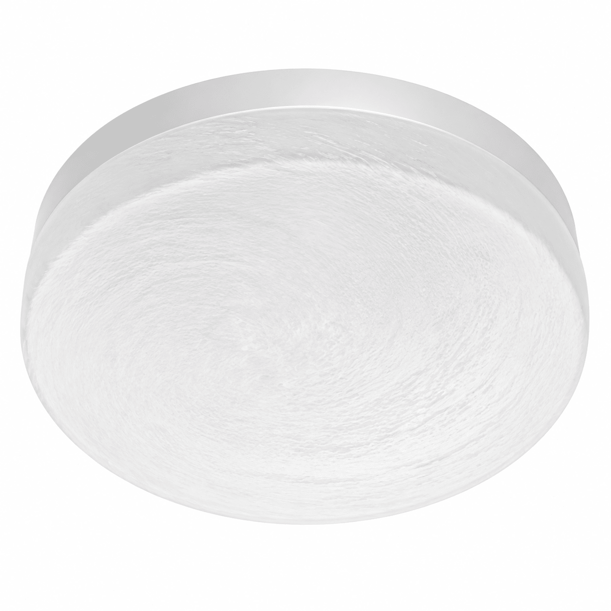 Round white ceiling light fixture on a white background
