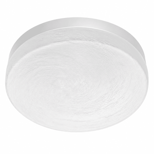 Round white ceiling light fixture on a white background