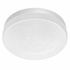 Round white ceiling light fixture on a white background