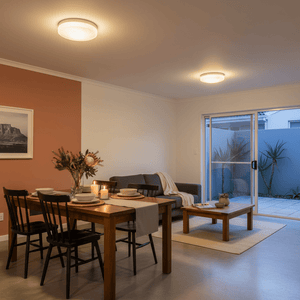Satin chrome ceiling light with alabaster glass illuminating a modern dining area with a wooden table and black chairs.