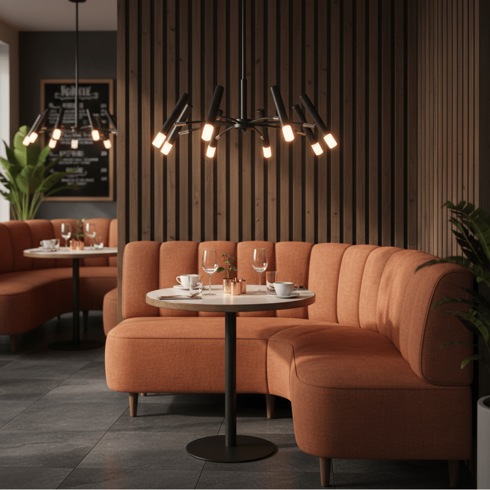 Lander 8 Light Pendant illuminating a cozy dining area with orange seating and a round table.