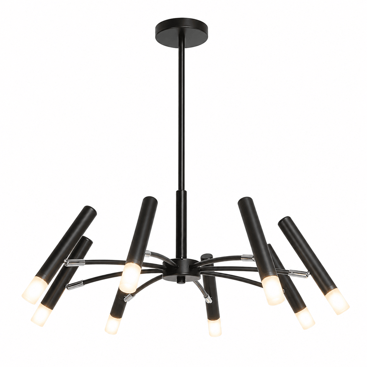 Lander 8 Light Pendant featuring a modern design with black and frosted white details, showcasing eight lights.