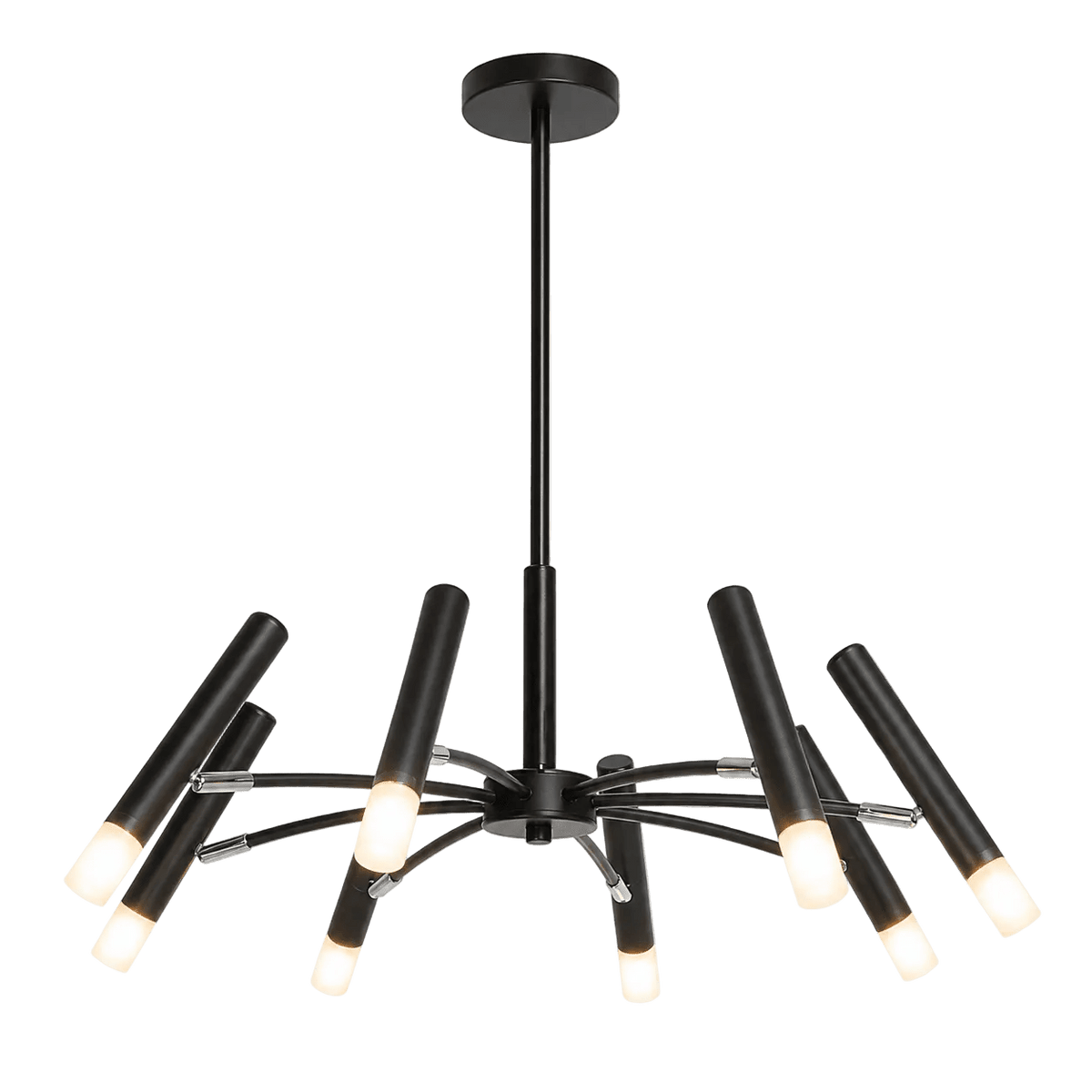 Black metal pendant light with eight elongated arms, each featuring a frosted glass bulb cover.