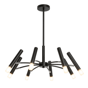 Black metal pendant light with eight elongated arms, each featuring a frosted glass bulb cover.