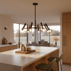 Lander 8 Light Pendant in a modern kitchen setting, illuminating a countertop with decorative items.